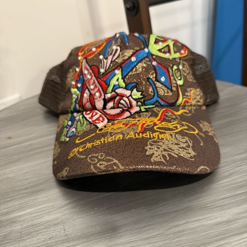 Y2K 2000s Ed Hardy Christian Audigier True Love Brown Bejewelled Trucker Hat Cap